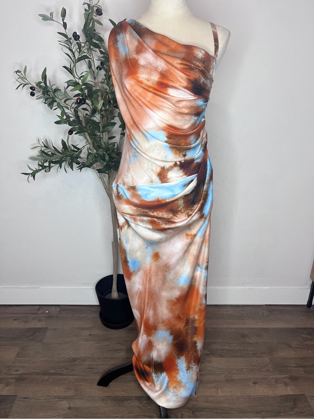 Satin One-Shoulder Drape Maxi Dress in Rust & Sky Blue